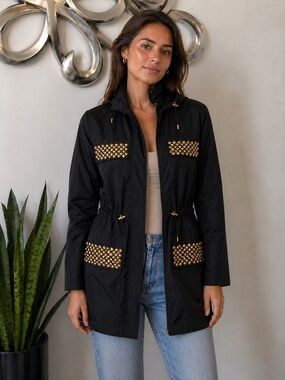 New Without Tags Michael Kors Black Gold Studded Long Raincoat | XS Extra Small
